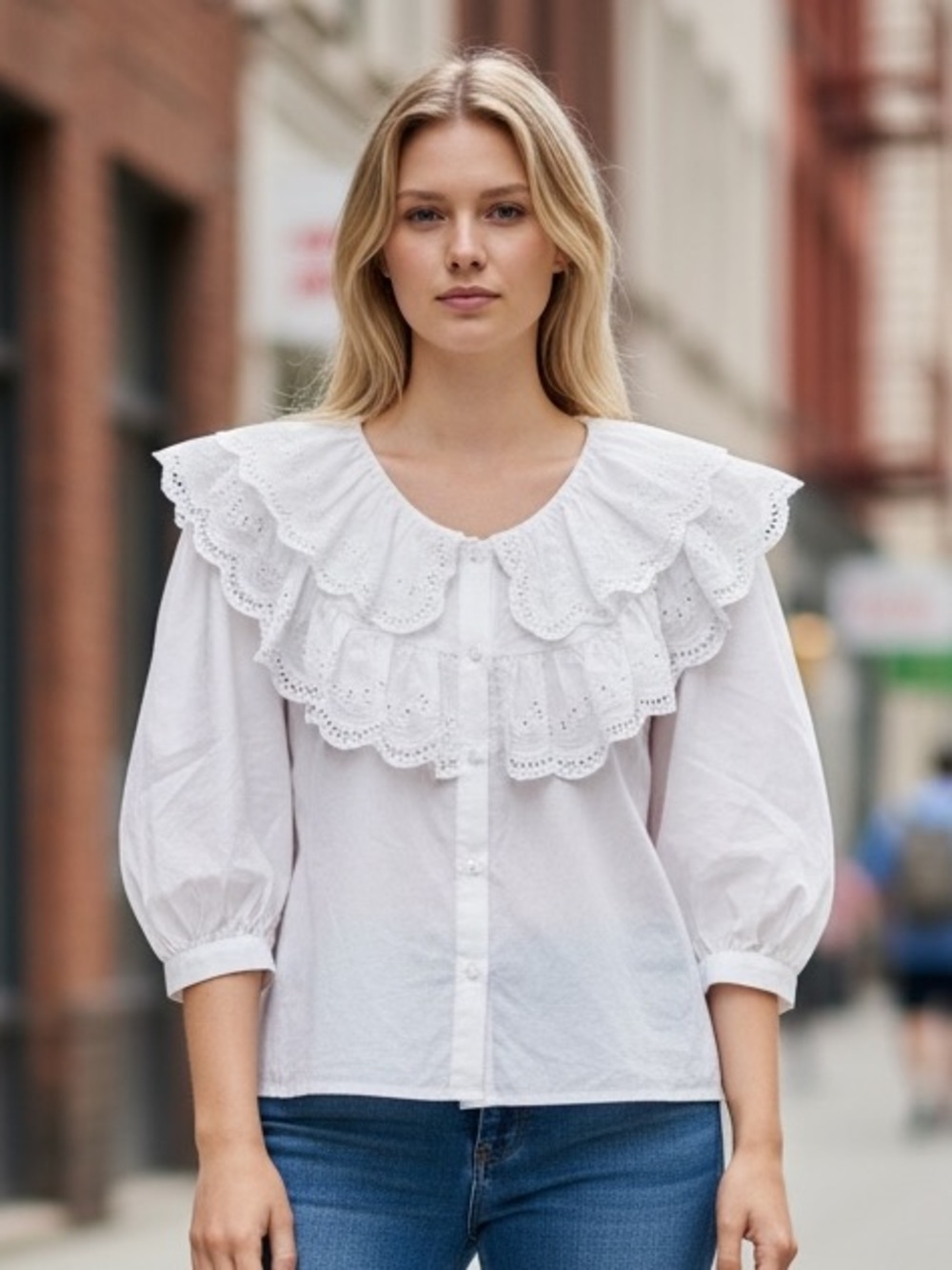 JOIE White Embroidered Ruffle Collar Blouse SZ. L VERY GOOD CONDITION FIRM PRICE